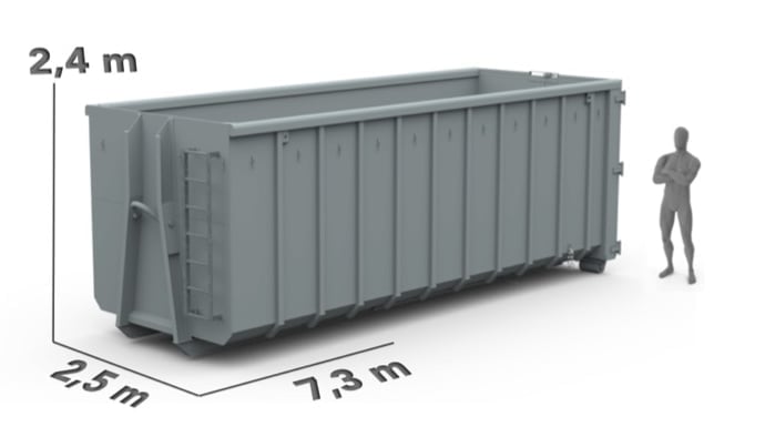 Abrollcontainer mit Person als Größenmaßstab